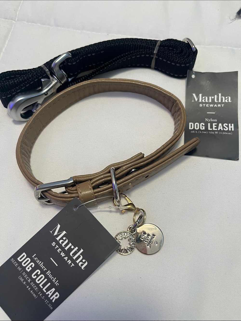 Martha Stewart Tan Leather Buckle Dog Collar with Charm & Leash NWT